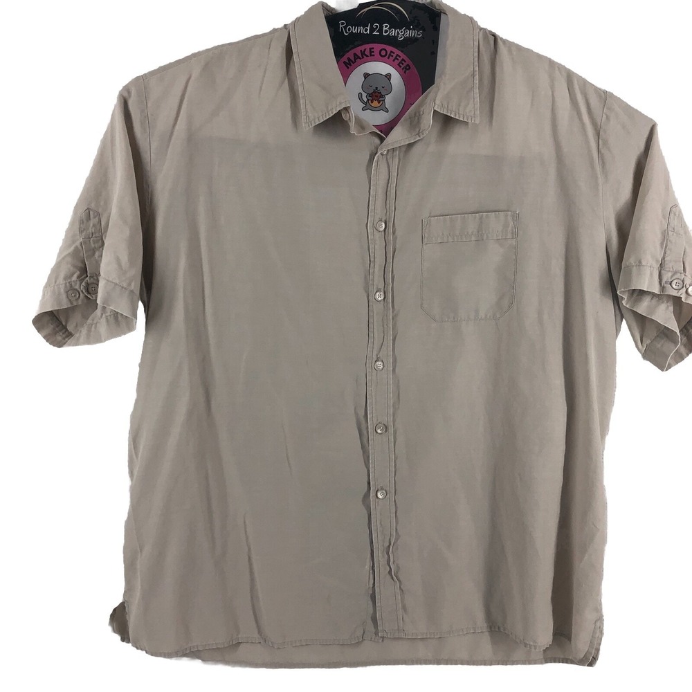 Perry Ellis button shirt XXL tan side slits roll tab short sleeve silk